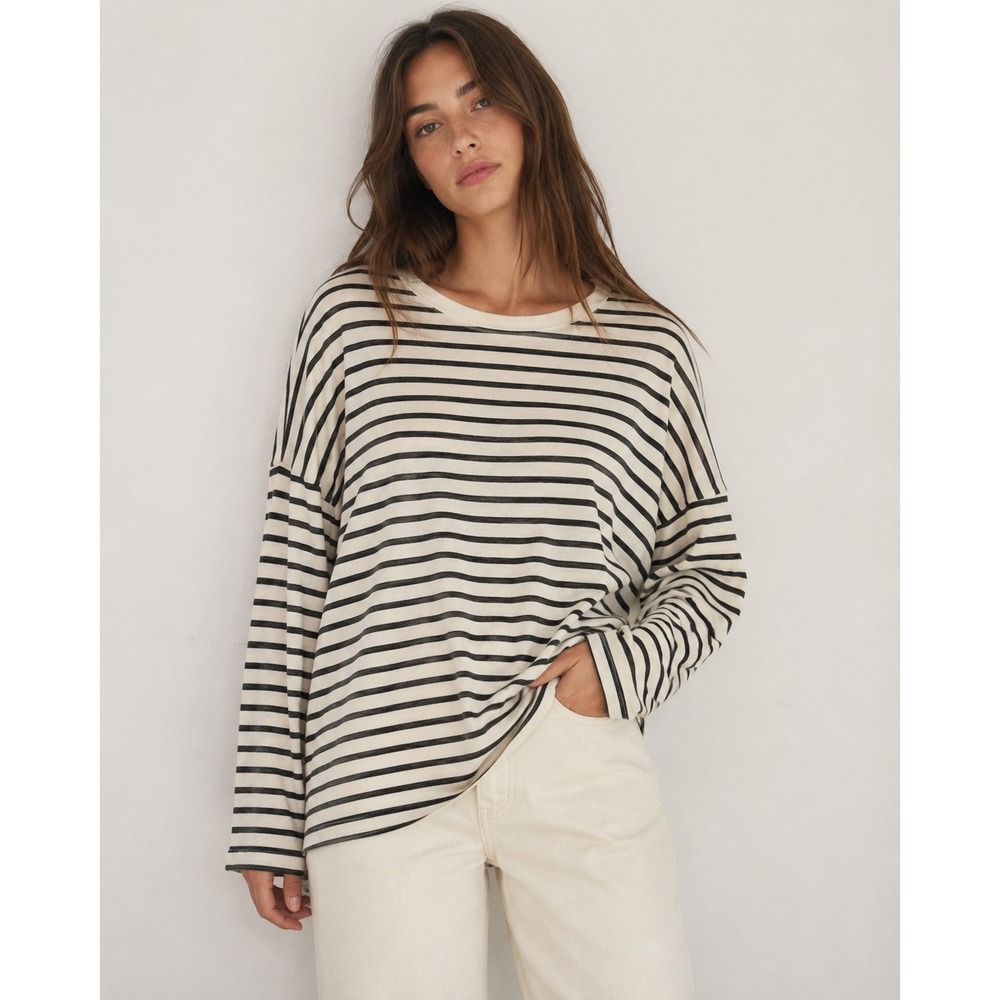 Coastal Breton Stripe Slouchy Soft Knit Top Minimalist French Girl Parisian LG